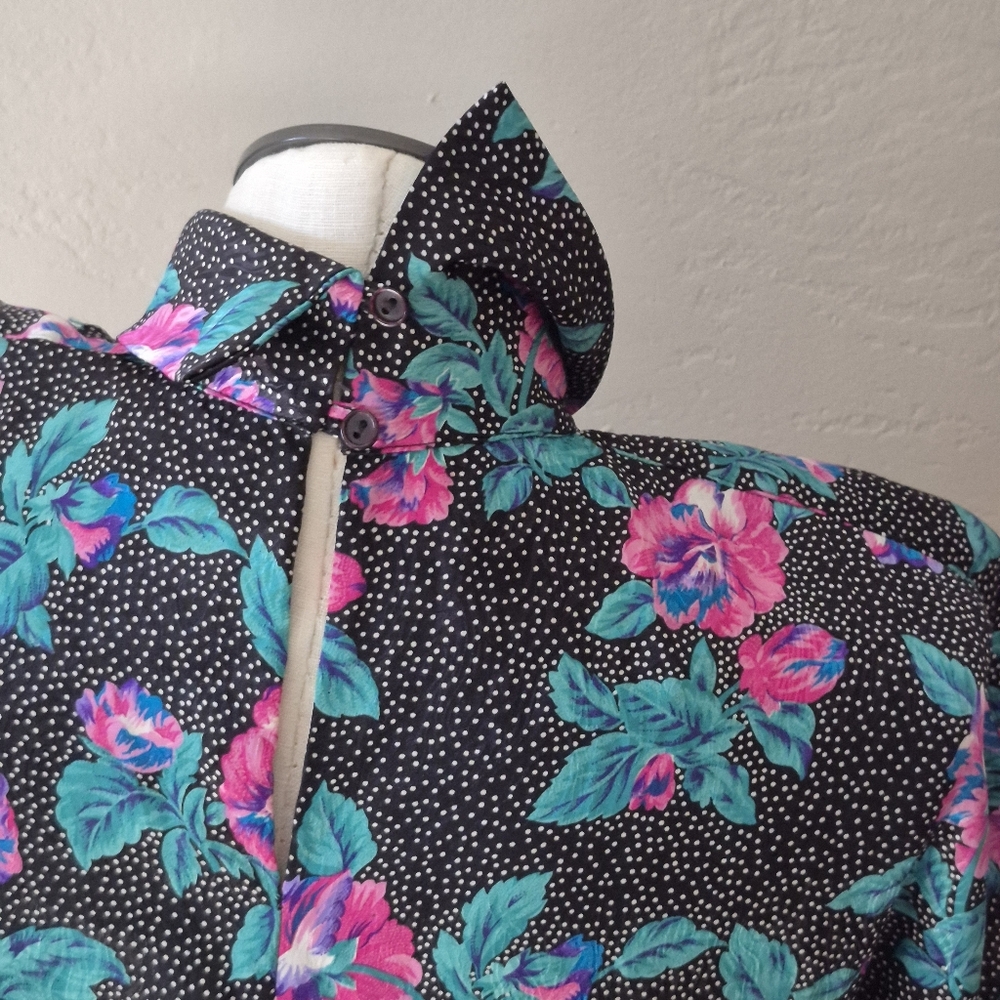 Vintage 80s Pink Floral And Dots Black Blouse Women's Top 12 - Picture 5 of 9